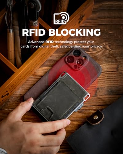 LORZOR Slim RFID Blocking Tactical Wallet for Men, Full Grain Leather with Aerospace Aluminum, Front Pocket Wallet, Smart Pop Up Card Case, Money Clip, 8-12 Cards (Military Green)