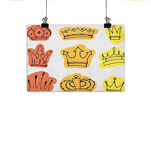 Littletonhome King Chinese Classical Oil Painting Sketchy Watercolor Seemed Print Tiaras Crowns Coronet Majestic Symbols for Living Room Bedroom Hallway Office 31"x24" Orange Yellow and Salmon