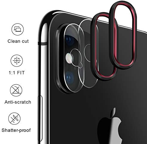 [2 Pack] ElekFX Camera Lens Screen Protector for iPhone Xs/iPhone Xs Max Anti-Scratch Aluminum Alloy Lens Protective Ring, 0.2mm Ultra-Thin High Definition Tempered Glass Camera Film - Black Red