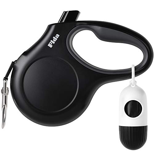 Fida Retractable Dog Leash for X-Small/Small Breed up to 18 lbs, 10 ft Pet Walking Leash with Dispenser and Poop Bags, Anti-Slip Handle, Reflective Strong Nylon Tape, One-Handed Brake (XS, Black)