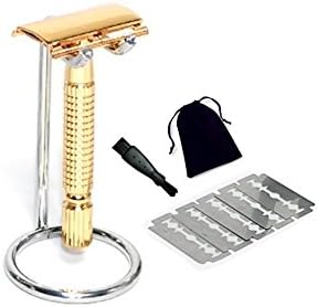 Classic Double Edge Safety Razor Golden Chrome Razor Stand 10 Platinum Blades + Mini Cleaning Brush Travel Storage Pouch Manual Shaving Kit Gift Set for Men &amp; Women