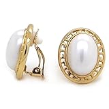 Sparkly Bride Gold Plated Oval Greek Key Simulated Pearl Women Fashion Clip on Earrings