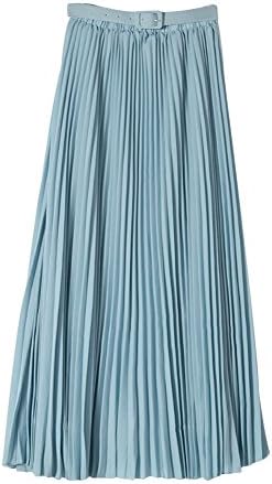 Womens Elegant Solid Bohemian Pleated Maxi Skirt High Elastic Waist Full/Ankle Length Skirt with Belt
