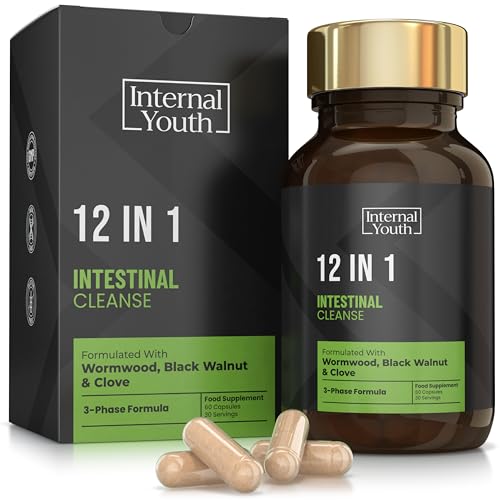 12 in 1 Intestinal Cleanse - 1500mg Wormwood, Black Walnut and Clove + 9 Key Ingredients for Digestive & Liver Support - High Strength Natural Gut Cleanse Detox for Men & Women -30 Day Supply