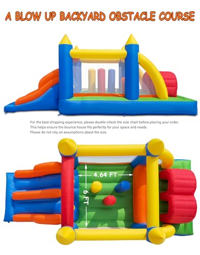 HuaKastro 16.3x7.2FT Kids Bouncy Castle Inflatable Obstacle Course with Dual Racing Slides, Crawl Tunnels, Climbing, Obstacles, Jumping All in One, Great for Children's Outdoor Party - with Blower