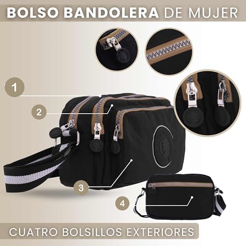 Coronel Tapioca - Bolso bandolera mujer - Bolso mujer - Bolsos bandolera - Bolsos bandolera casual gran capacidad con 3 cremalleras, Negro