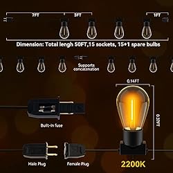 MOFFE 50FT Outdoor String Lights with 16 S14 Edison
