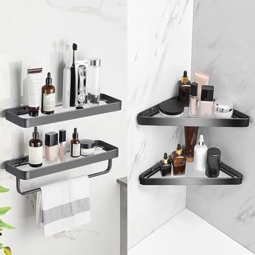 TERRIFI 40 CM Wall Mounted Shower Caddies, 2-Tier Bathroom Shelves with Towel Bar, Tempered Glass Floating Shelf, Black Bathroom Wall Organizer
