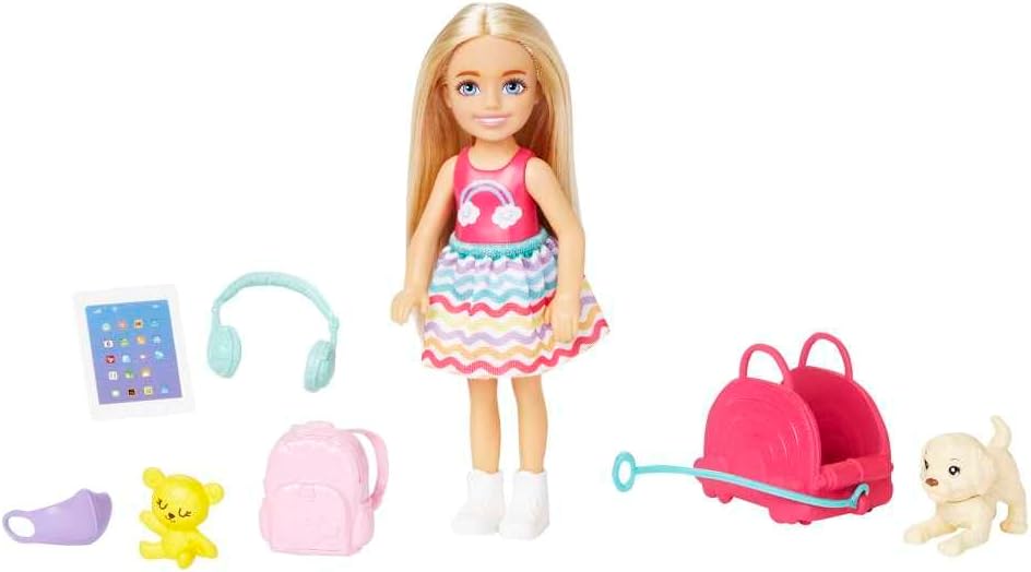 Barbie Chelsea Travel Small Doll 6 Accessories Puppy Carrier Backpack HJY17
