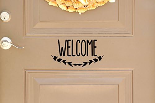 Black Welcome Vinyl Front Door Decal - Welcome Vinyl Decal with Laurel Wreath Symbol, Home or Business Decal 9.5" W x 5" H