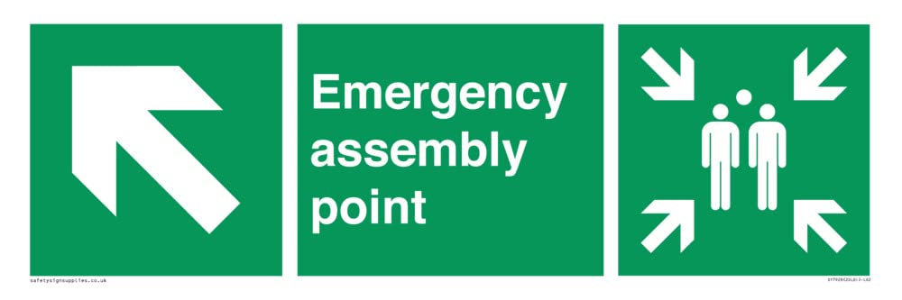 Emergency assembly point directional down Up left arrow Sign - 600x200mm - L62