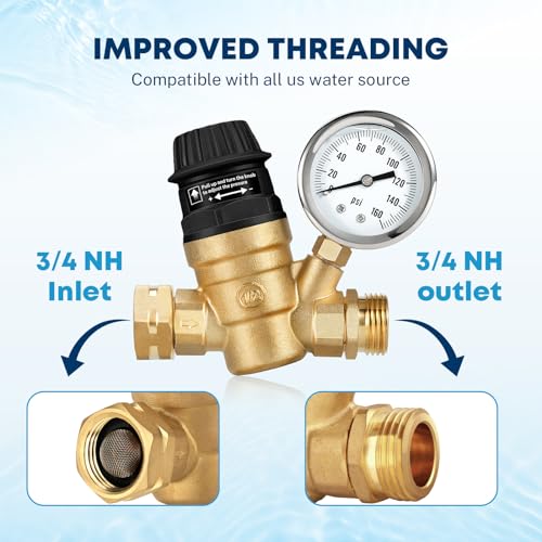 Kohree RV Water Pressure Regulator Valve, Adjustable Handle Brass Lead-Free RV Water Pressure Reducer with Gauge and 2 Inlet Screened Filters for RV Camper Travel Trailer Garden