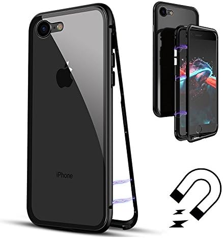for iPhone 8 Plus case.MACBOU Fashion Magnetic Adsorption Metal Tempered Glass 360° Full Protection Luxury Case Cover For iPhone 7 Plus 8 Plus (Black+transparent)