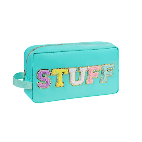 Sawjut Preppy Chenille Letter Patches Stuff Bag, Nylon Varsity Cosmetic Toiletry Bag with Zipper, Portable Skin Care Pouch Travel Make Up Skincare Organizer for Women