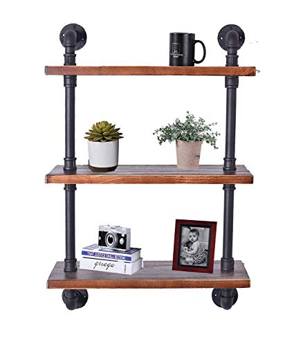 Diwhy Industrial Pipe Shelving Bookshelf Rustic Modern Wood Ladder Storage Shelf 3 Tiers Retro Wall Mount Pipe Dia 32mm Design DIY Shelving (Black, L 24")