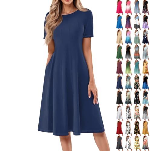 Spring Dresses for Women UK Elegant Ladies Midi Summer Dress A Line Crewneck Short Sleeve Beach Party Shirt Sundress