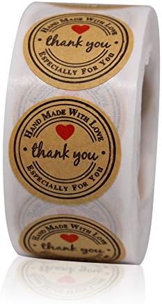Thank You Stickers Handmade with Love Stickers Kraft Paper Adhesive Labels for Envelope, Packages, Gifts, Wedding,500 Per Roll 1"Round Shape Thank You Stickers