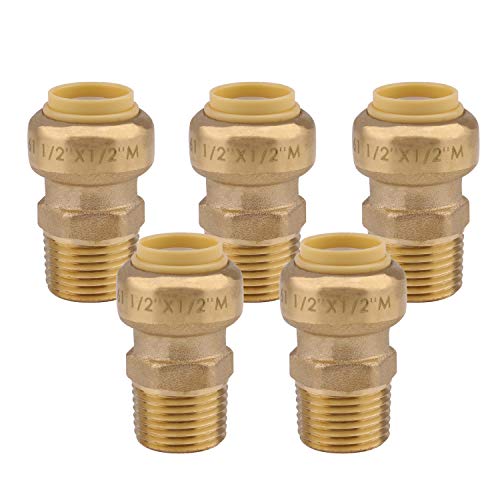 Straight Connector Plumbing Fitting, Male, 1/2 Inch by 1/2 Inch, MNPT, PEX Fittings, Push-to-Connect, Copper, CPVC,Pack of 5
