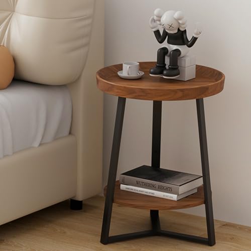 Gadroad Round End Table with Storage Shelf, 2 Tier Farmhouse Circle Side Table Nightstand for Living Room, Bedroom, Wood Tabletop & Black Metal Frame (15.7 * 15.7 * 23 inches, Cherry Wood Grain)