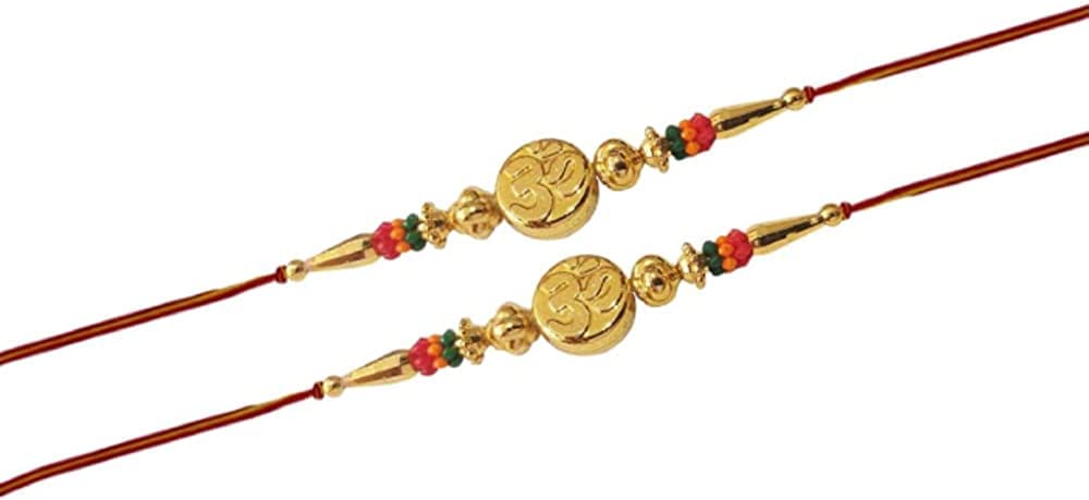 PMK Set of Two Rakhi, Om Design Rakhi thread, Raksha bandhan Gift for your Brother, Orange Yellow Color Thread.