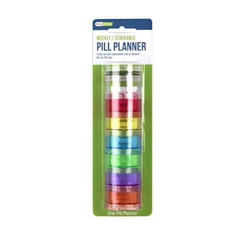 Ezy Dose Weekly (7-Day) Daily Stackable Pill Case, Medicine Planner, Vitamin Organizer Box, Medium Detachable Compartments, Easy to Use, Rainbow Colors, BPA Free