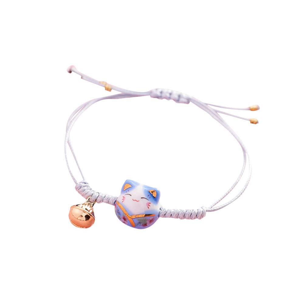 Happyyami Adjustable Cat Maneki Neko Bracelet Cute Lucky Cat Ceramic Beads Bracelets Feng Shui Japanese Fortune String Bracelet with Bell Blue