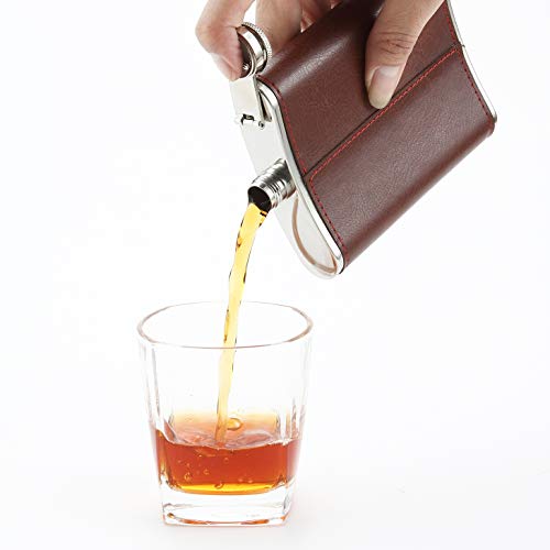 YFS Whiskey Flask With American Flag for Liquor and Funnel, 8 Oz Leak Proof Stainless Steel Pocket Hip Flask with Soft Touch Leather Cover, Brown Flask for Men