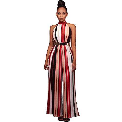 Chanyuhui Jumpsuits for Women Halter Stripe Sleeveless Professional Long Pants Clubwear Romper Jumpsuit Bodysuit (M, Red)