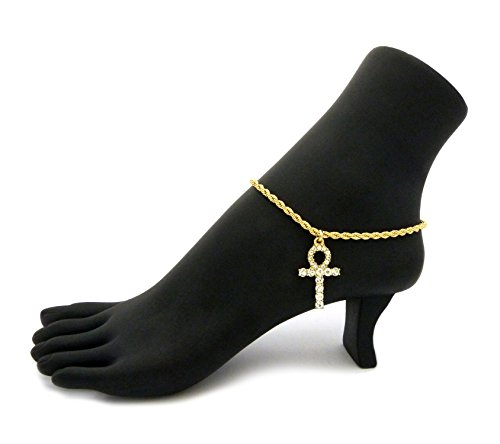 Women's Egyptian Ankh, Queen Nefertiti Piece 2.5mm 10" Rope Chain Anklet Foot Bracelet in Gold Tone