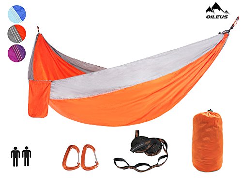OILEUS X-large Double Camping Hammock-Lightweight Nylon Portable Hammock, Best Parachute Double Hammock-10ft Straps with Loops & Carabiners-For Backpacking Beach Yard 130" L x 78" W - Thumbnail 7