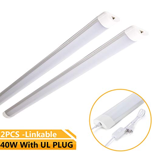 Linkable LED Shop Lights for Garage 4 Foot with Plug, 40W, 4000lm, 6500K, FlushMount Garage Utility Light, Workbench Light, LED Utility Light Fixture, Built-in ON/Off Switch(2-Pack）