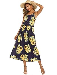 Vestido largo de verano con tirantes ajustables, cintura elástica, sin mangas, floral, bohemio
