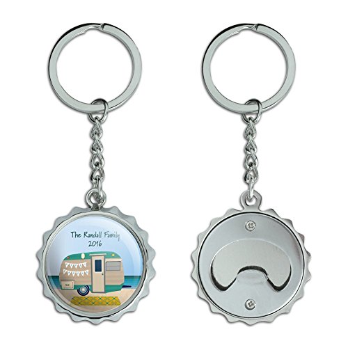 Graphics and More Personalized Custom Happy Camper Trailer Beach Camping Family Nickel Plated Metal Popcap Bottle Opener Keychain Key Ring
