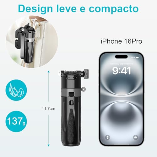 Tobeape Mini Tripé 4 em 1 para Celular com Controle Bluetooth, Bastão de Selfie Portátil com Suporte Dobrável, Sapata Fria Dupla, Ideal para Vídeos, Viagens e Vlogs - Compatível com iPhone/Android
