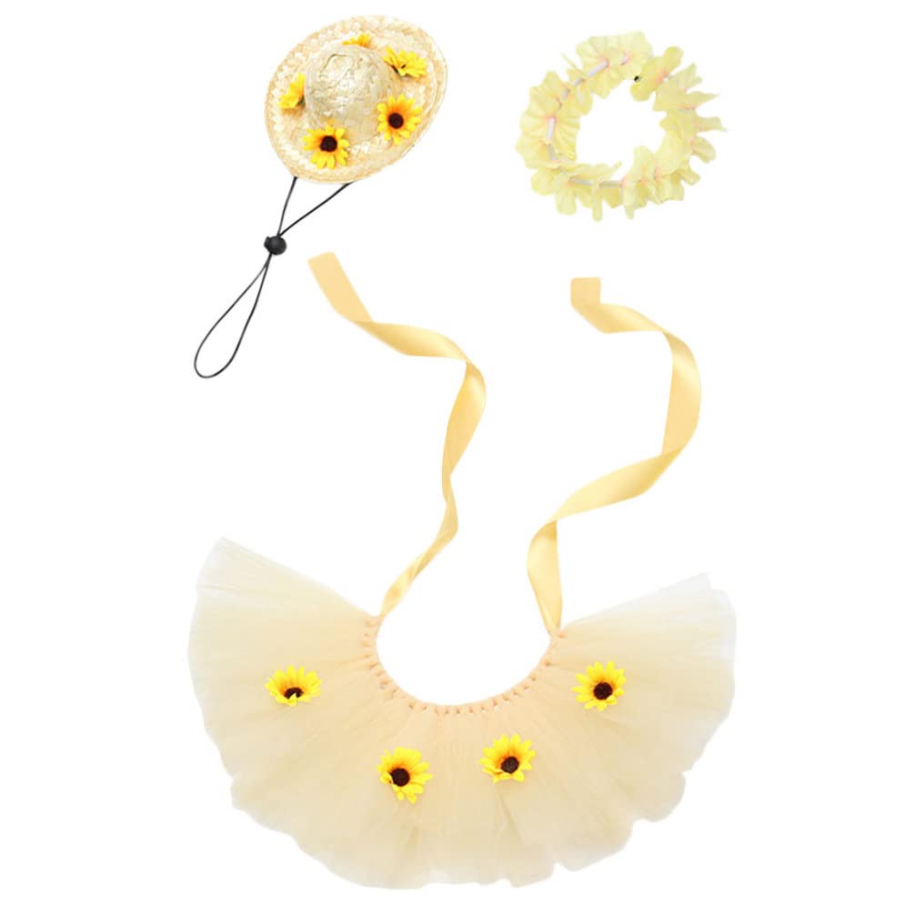 ABOOFAN 1 Set Pet Dog Hawaiian Costume Dog Hula Grass Skirt Set Puppy Flowers Dress Collar Sun Hat Set Pet Outfit for Cats Dogs Pets Tropical Party Beach Luau Party Decorations Yellow