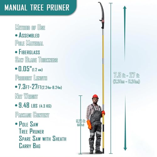 Manual Pole Saw for Tree Trimming, 8M Extendable Tree Scissors Trimmers for Long Branch, Handle Pruner Blade for Pruning High Branches, Yellow