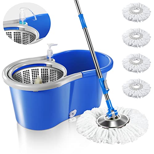 Masthome Mop Bucket with Wringer Set, 4 Extra Microfiber Mop Refills, Microfiber Spin Mop and