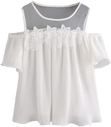 Pengy Womens Fashion Shirt Short Sleeve Off Shoulder Striped Lace Blouse Casual Tops T-Shirt (White, XL)