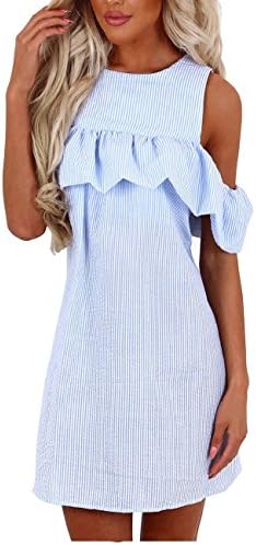 HONEY BOUTIQUE Women's Summer Casual Cold Shoulder Ruffles Striped Mini Dress Loose Shirt, Blue, Medium