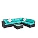 Peach Tree Outdoor Furniture Sectional Wicker Sofa Set 7 PCs Patio Rattan, All-Weather Washable Tiffany Blue Cushioned, w/Glass Coffee Table, Backyard, Pool