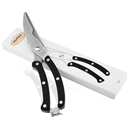 Kitchen Scissors Heavy Duty Stainless Steel Spring Loaded Shears Sharp Blade Safety Clip Rust Free Comfortable Handle- Great for Poultry, Fish, Chicken, Beef, BBQ, Herbs & Plastic