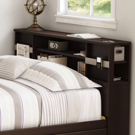 Chocolated Colored Full Size Bookcase Headboard, Made from Laminated Particle Board, 54'', Storage Compartments Included, Wire Management, Bundle with Expert Guide for Better Life
