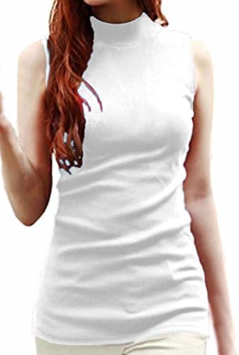 LIREROJE Womens Solid Plain Cotton Mock Turtle Neck Tank Top White M