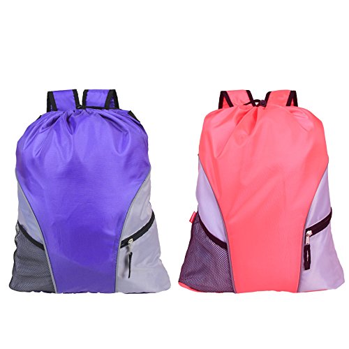 Damero 2pcs/pack Lightweight Drawstring Sackpack with Straps, Pockets, Reflective Tapes (Purple+Rose Red)