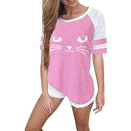 TWGONE Short Sleeve Shirts For Women Summer Cute Cat Print Tops T-Shirts Blouse(Large,Pink)