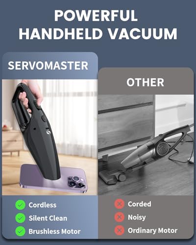SERVOMASTER Aspirapolvere Auto, Aspirabriciole Senza Fili Potente con Filtro HEPA Lavabile e Bocchetta per Fessure e Spazzola, Mini Aspirapolvere per Auto e Casa Senza Fili a Batteria Ricaricabile
