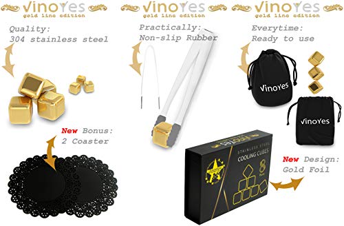 VinoYes Whisky Steine in Gold mit UNTERSETZER – 8 Wiederverwendbare Kühlsteine als Geschenk-Set in edler Verpackung… – Bild 4