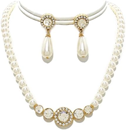 Silk White Pearl &amp; Crystal Necklace Set Gold Fashion Jewelry