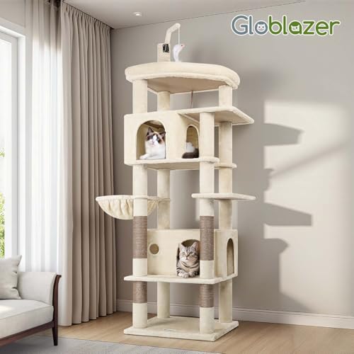 Globlazer Beige Cat Tree Large 188 cm Height with 2 Kennels, Large Padded Platform, Soft Basket, Plush Toys, Solid Cat Trees for 3-4 Adult Cats Rest Game Scratching (F74B, Beige)