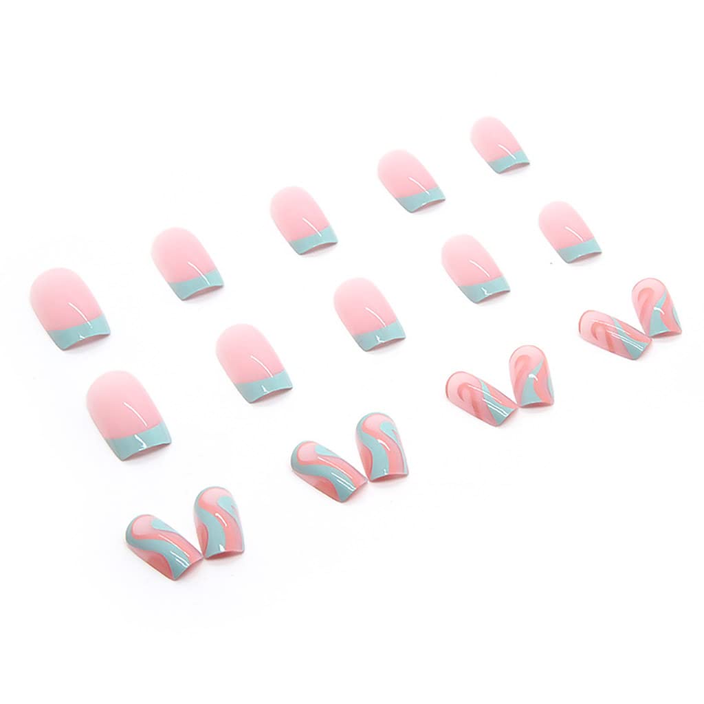 RikView French Tip Press on Nails Medium Fake Nails Blue Nails for Women with Swirls Design Square Acrylic Nails - Image 4